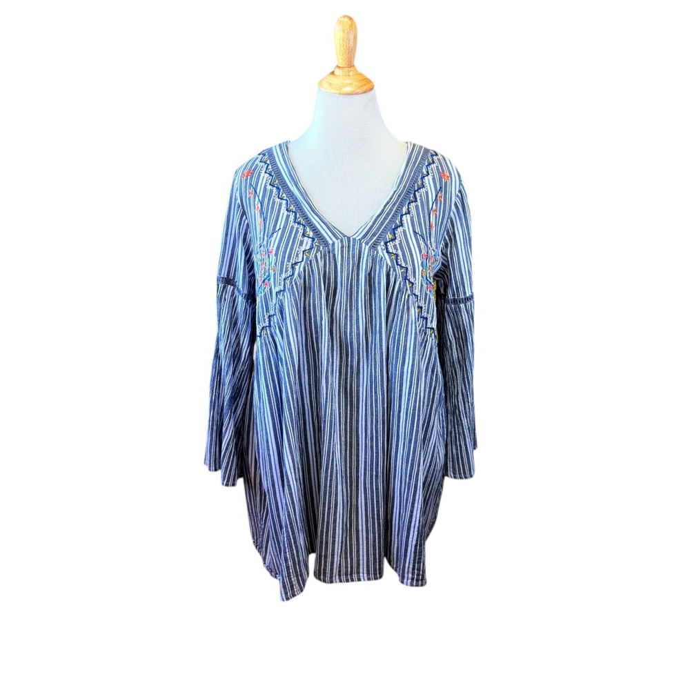 Blue White Striped Embroidered V-Neck Bell Sleeve Tunic Top Boho Floral L XL